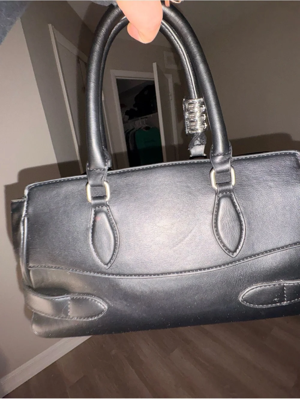 Steve Madden Black Satchel with Pearl Charm and Bow Detail